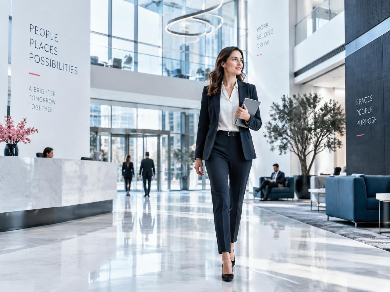 Gestionnaire immobilier traversant le hall d'un immeuble de bureaux
