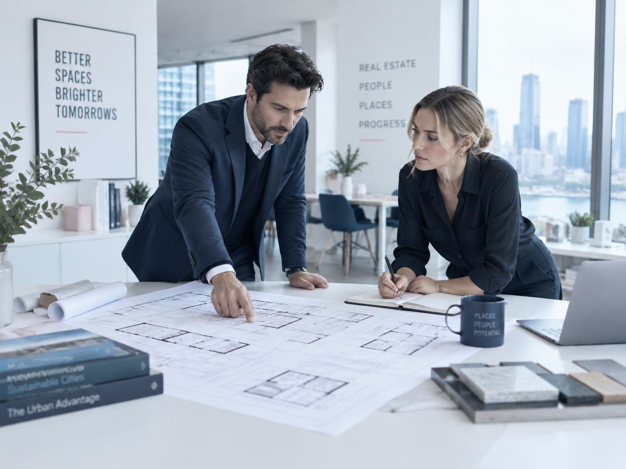Deux professionnels de l'immobilier consultant des plans d'architecture sur une table