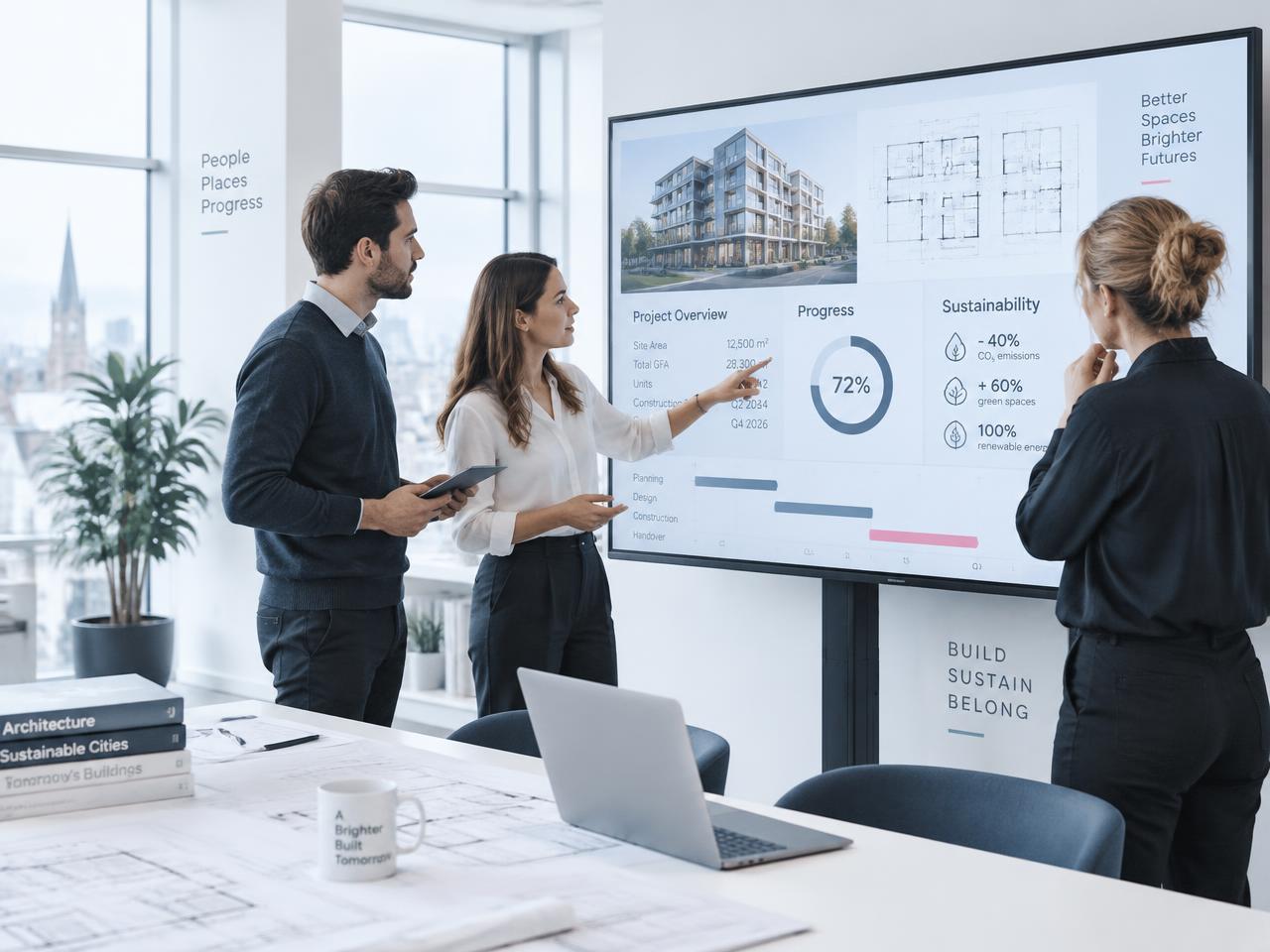 Équipe collaborant autour d'un écran affichant des données de projet immobilier